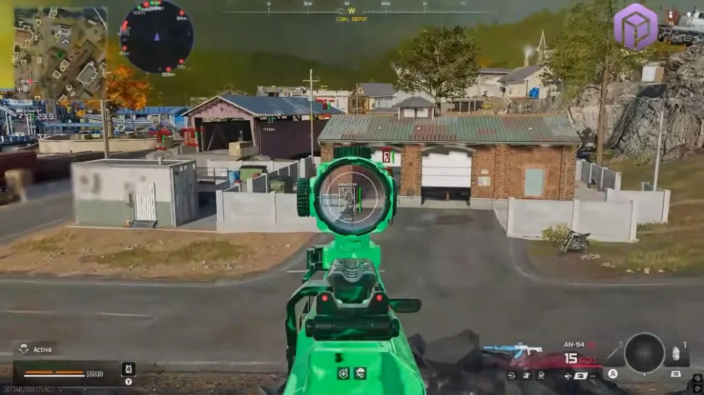 Warzone aimbot scope view at Coal Depot with green AN-94 and HUD markers